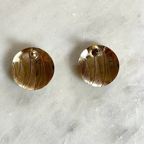 Vintage 80s Earrings Gold Tone Teal Enamel Large Round Disc Studs Statement - Picture 6 of 8